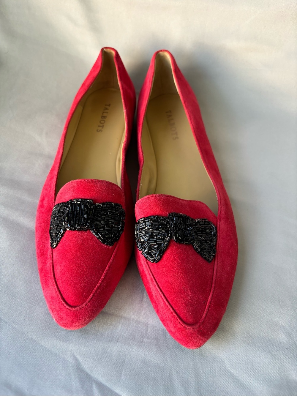 Talbots Bright Red Suede Pointed Loafers with Black Beaded Bow Size 10.5